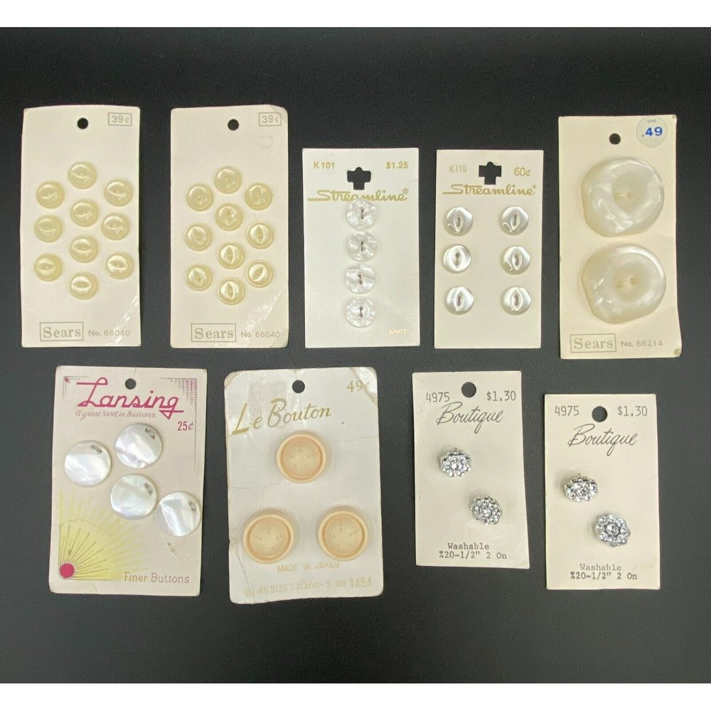 VINTAGE Lot Of 9 Cards Of White Cream and Faux Crystal Tone Buttons